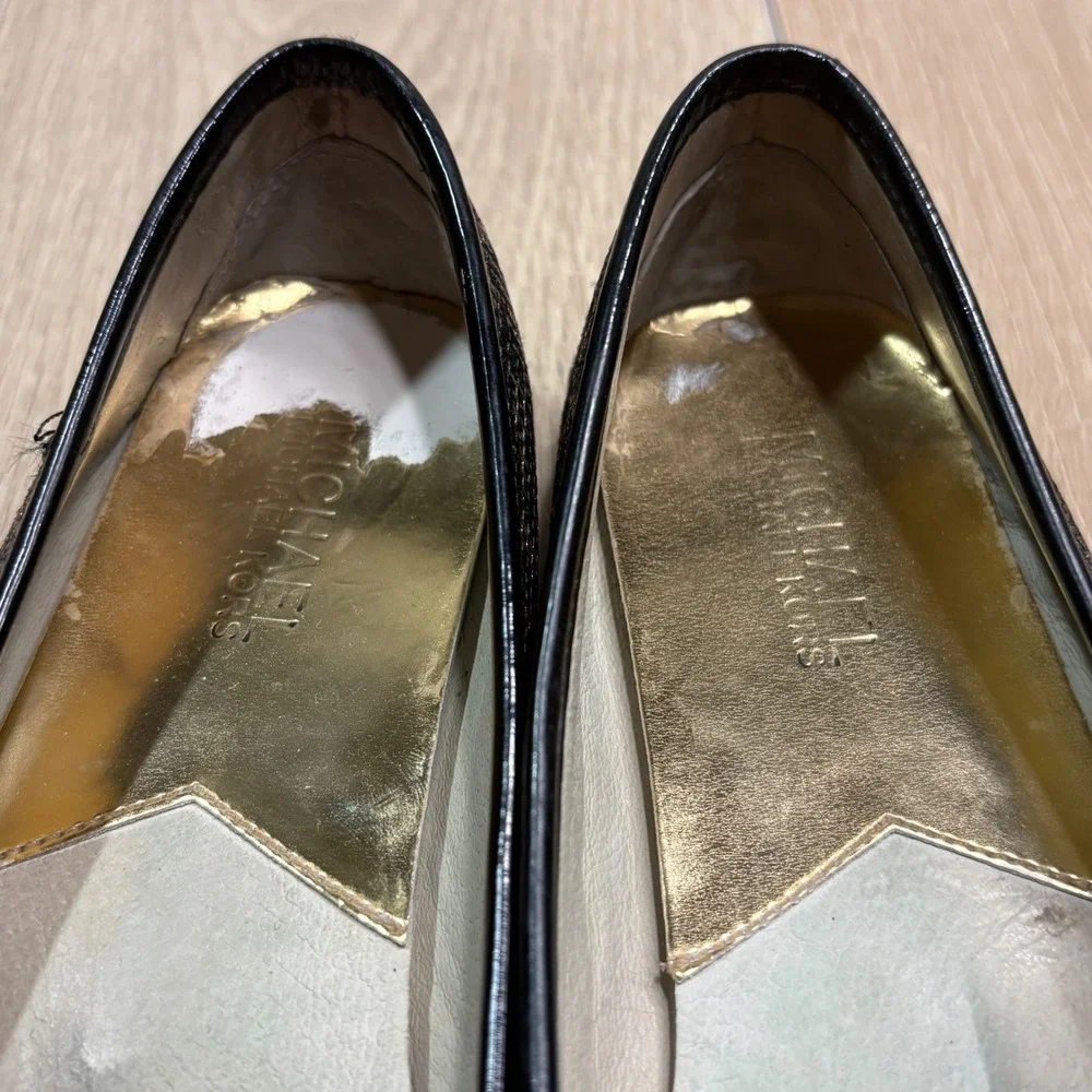 Michael Kors Fulton Black Gold Metallic Logo Moccasin Ballet Flats Womens Size 7